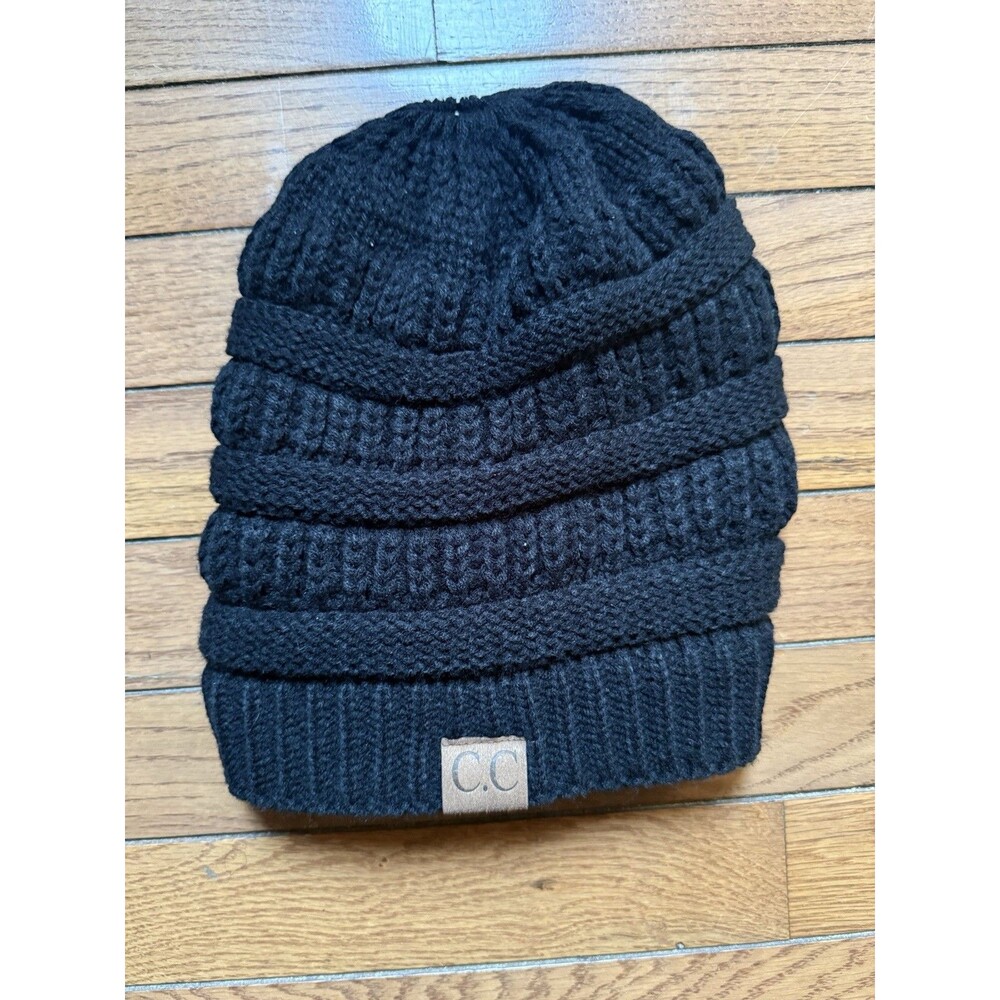 C.C. Exclusive BeanieTail Ponytail Messy Bun Ribbed Knit Winter Beanie Hat OS